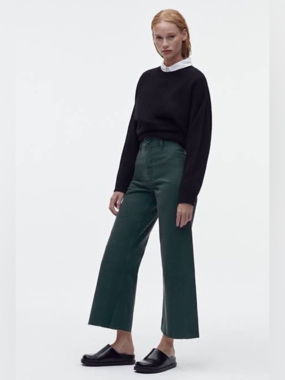 Zara The Marine Straight Pants Dark Green High Rise Wide Leg Raw Hem Size 6
